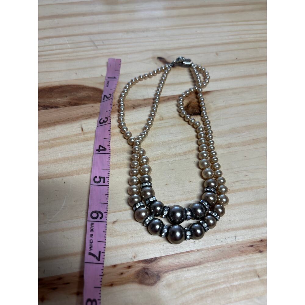 Vintage Double Strand Faux Pearl Necklace Rhinestone Silver Tone - Picture 8 of 8